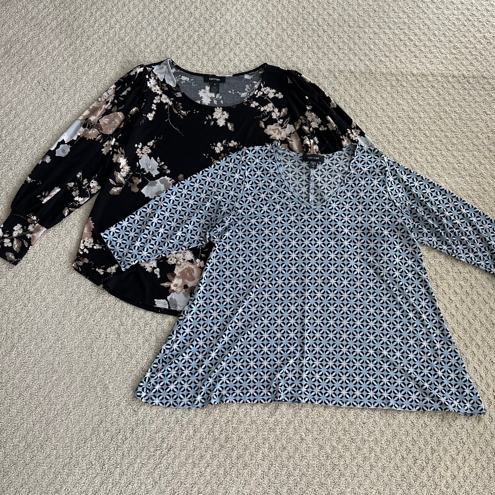 Lot of 2 Karen Kane Print Stretch Tops/Blouses Size 1X Office Fall Lightweight